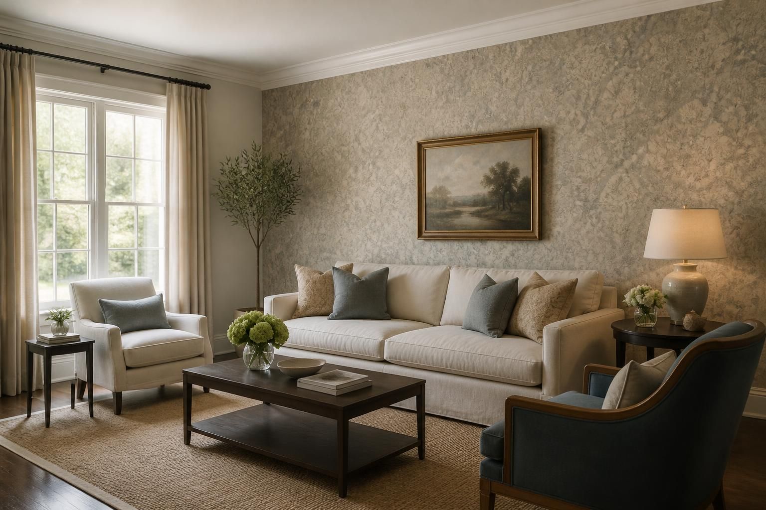 Finished living room with elegant wallpaper on an accent wall