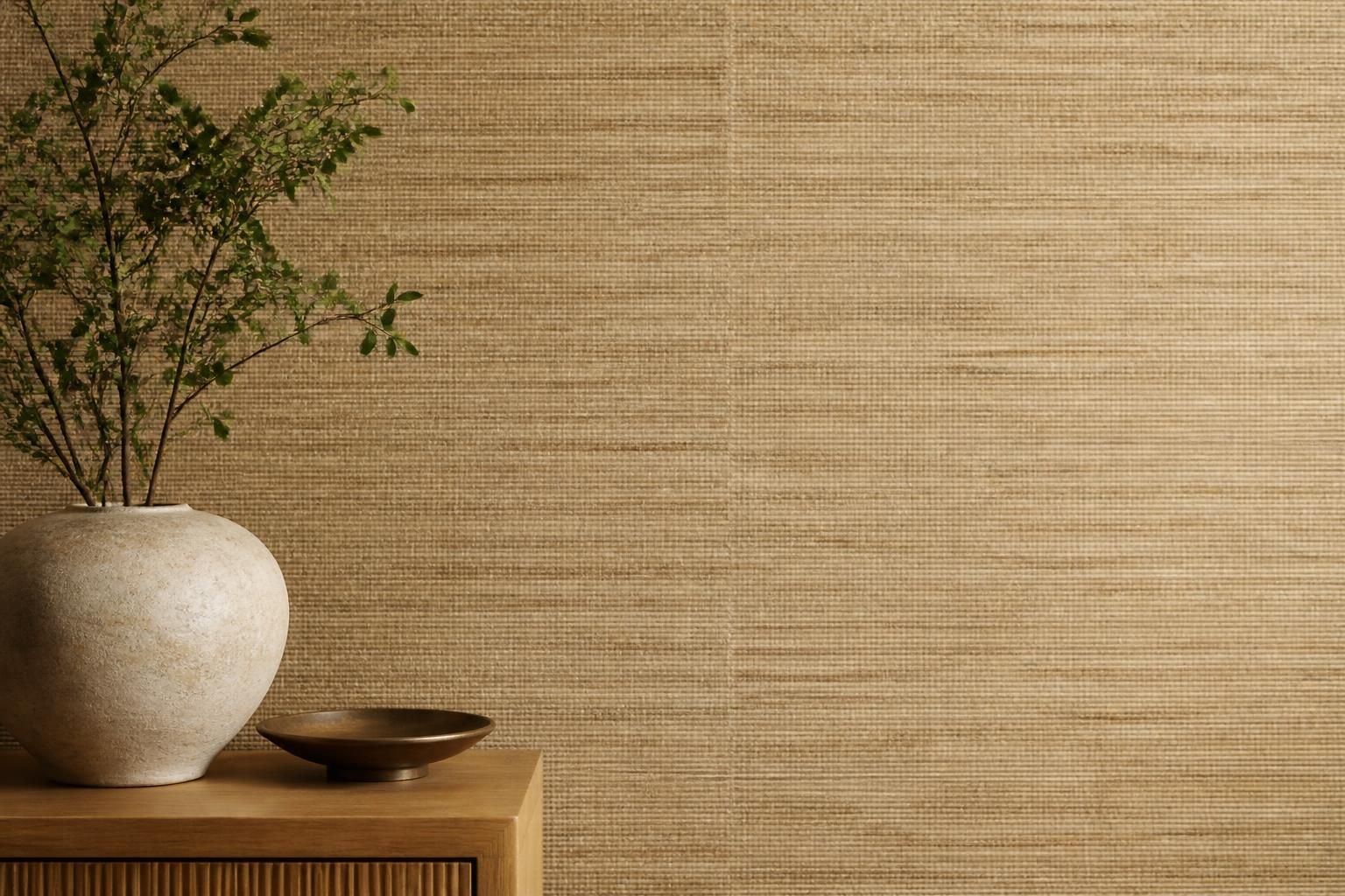 Textured grasscloth wallpaper on a finished wall
