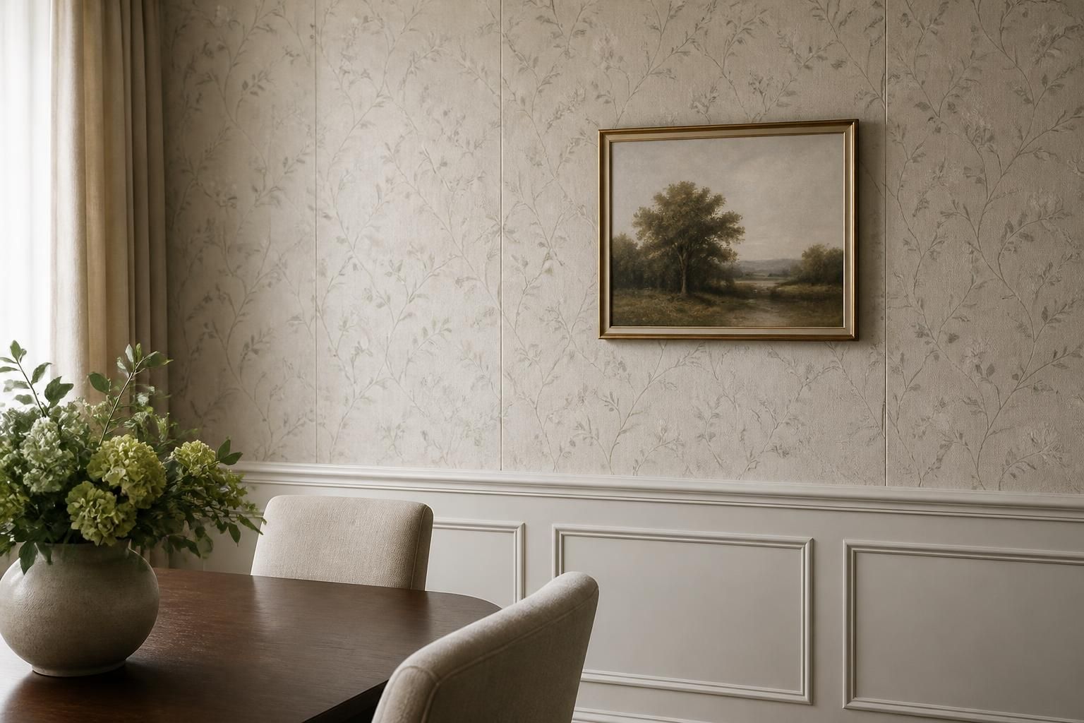 Finished dining room wall with precise wallpaper installation