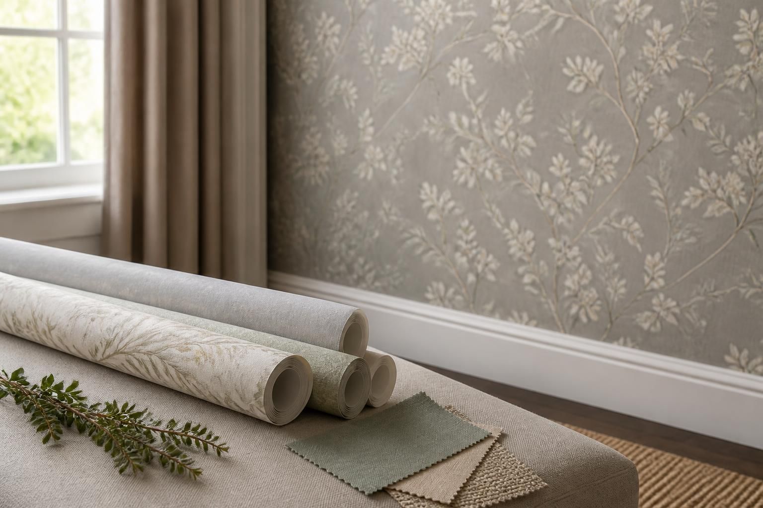 Wallpaper samples beside a finished accent wall