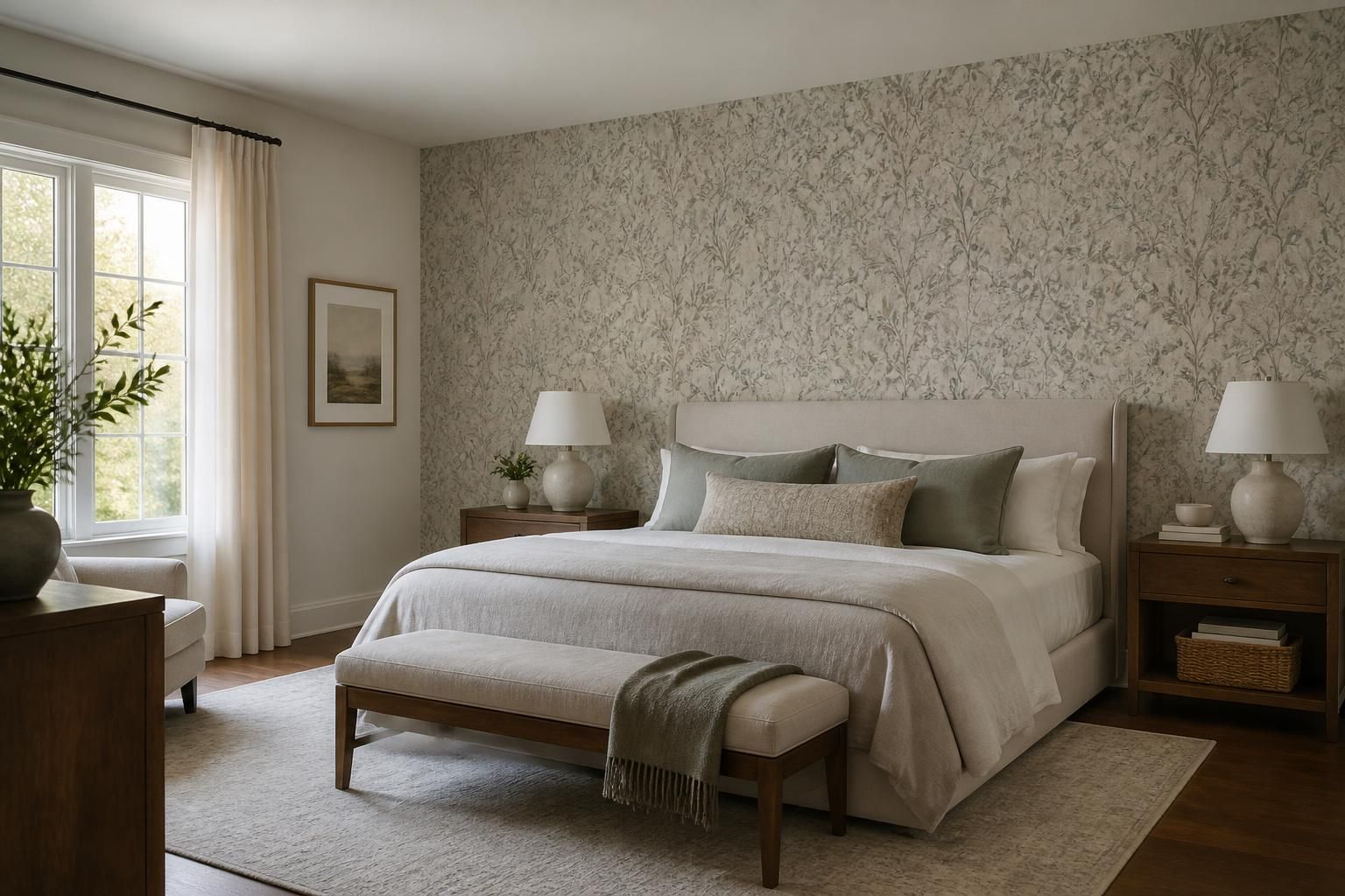 Softly lit bedroom with a completed wallpaper feature wall